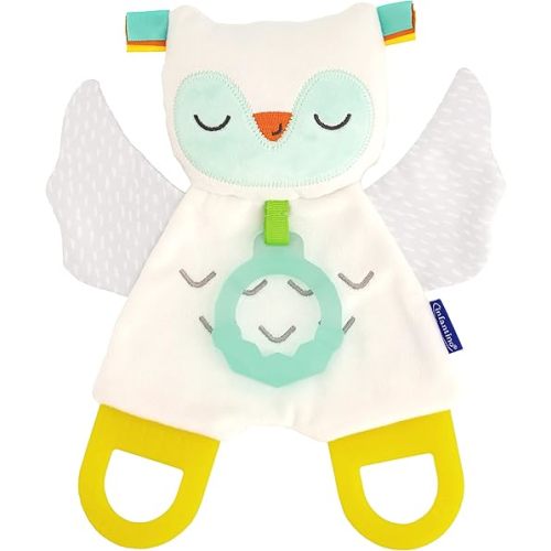 Infantino Glow-in-the Dark Cuddly Teether - Owl Soft Toy with 3 Textured Teethers, Fiddle Flags, Crinkle Sounds, Soft Material, On the Go Toy