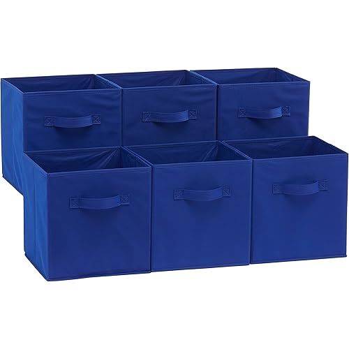 Amazon Basics Collapsible Fabric Storage Bins with Handles, Cube Organizer for Home Organization, 10.5"x10.5"x11", Navy, 6-Pack