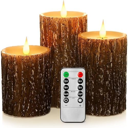 Pine Bark Effect Flameless Candles Battery Operated Pillar Real Wax Flickering Electric LED Candle Sets with Remote Control Cycling 24 Hours Timer, 3" x 4" 5" 6" Pack of 3