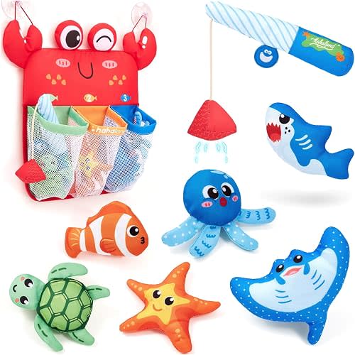 hahaland Bath Toys Kids Ages 1-3 Magnetic Fishing Toys & Color Sorting Mesh