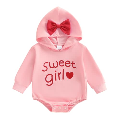 Infant Baby Girl Valentines Day Outfit Sweet Girl Bow Hooded Sweatshirt Onesie Bubble Romper