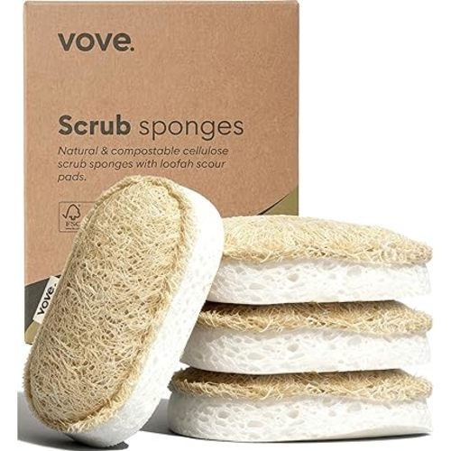 Vove Scrub Sponges 4 Pack, Cellulose & Cotton with Natural Loofah, Eco-Friendly Loofah Dish & Kitchen Sponges, Bathroom Scrubbing Pads, FSC-Certified Packaging