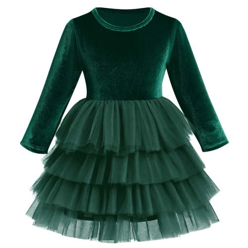 IBTOM CASTLE Toddler Baby Girls Velvet Tutu Dress Long Sleeve Princess Christmas Birthday Party Wedding Pageant Communion Dresses Fall Winter Clothes 1-2 Years Green
