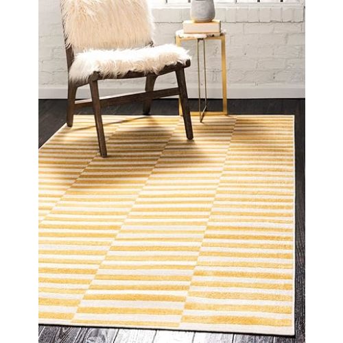Unique Loom Williamsburg Collection Casual Transitional Thick Alternating Stripes Area Rug (4' 1 x 6' 1 Rectangular, Yellow/Beige)