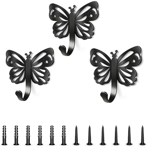 Butterfly Design Wall Hooks for Towel and Coat: 20LB Screw in Aesthetics Metal Hanger Wall Mount for Living Room, Bathroom, Kitchen, Bedroom for Coat, Bag, Scarf, Towel, Hat, Key, Cup, 3 Pack