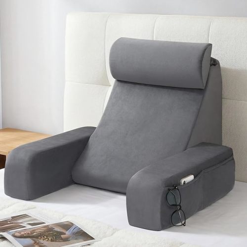 ENITYA Reading Pillow for Sitting in Bed Adult, 19" Back Support Pillow for Bed Sitting up, Backrest Cushion for Reclining,Gaming,Resting,Watching TV in Couch or Floor, Wedge with Arms, Medium(Grey)