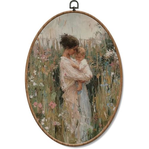 Yorhifa Vintage Cottagecore Motherhood Framed Wall Art, Cottagecore Nursery Oval Wall Art, Impressionist Oval Walls Decor, Cottage Core Wildflower Canvas Artwork Hanging Decor, 8.5x11.5in