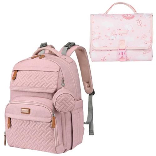 BabbleRoo Premium Bundle Travel Diaper Bag Backpack & Vegan Leather Changing Pad, Spacious & Stylish, Pink Pañaleras Para Bebe