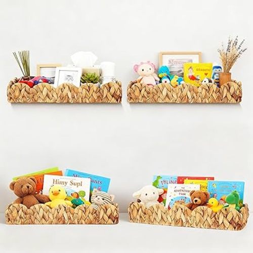 Novabright 4 Pcs Scalloped Shelves Water Hyacinth Floating Shelf for Wall Decor Storage Boho Natural Woven Bookshelf Wall Mounted 15.8 x 3.9 x 3.9'' for Kids Book Photo Room Table Farmhouse Decor