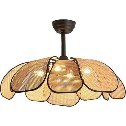 26 Inch Fandelier Rattan Ceiling Fans with Lights and Remote,Boho Black Chandelier Ceiling Fan for Dining Living Room,Bedroom,Kitchen,4-Light