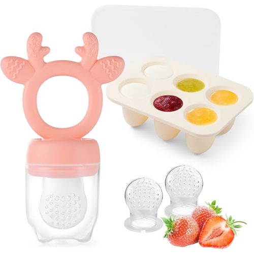 Baby Fruit Food Feeder Teether with Breastmilk Popsicle Molds, Cute Silicone Breast Milk Popsicle teether for Babies Teething