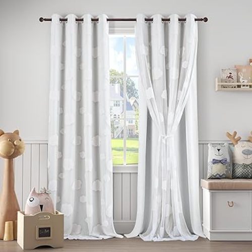 LCOOMZEN White Light Blocking Curtains for Bedroom with Sheer Overlay 95 Inch Double Layer Kids Room Decor Drapes Grommet Nursery Curtains 2 Panels Set 52 x 95 Inch