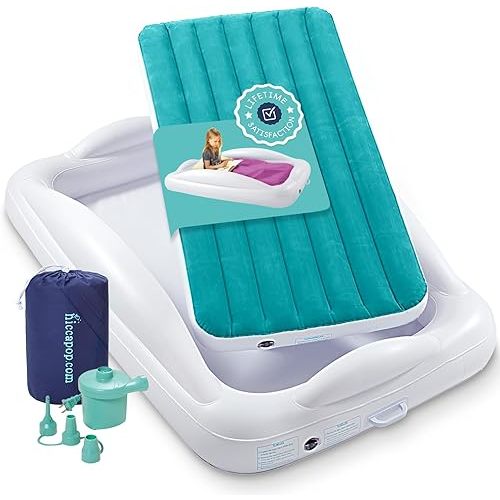 Hiccapop Inflatable Toddler Travel Bed with Safety Bumpers, Teal Blue