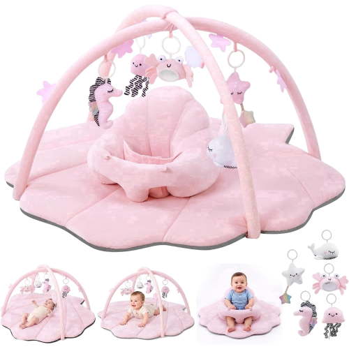 Baby Gym Playmat,Tummy Time Mat,Sit &Play Activity Mat with 6 Detachable Toys,Washable Baby Mat & Toys,Baby Gift for 0-18 Months,Pink