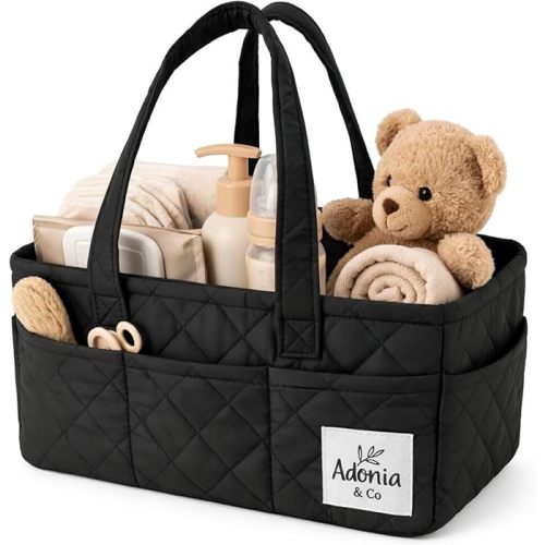Adonia & Co Diaper Caddy Organizer – Baby Essentials Organizer, Nursery Storage Basket for Diapers, Wipes & Newborn Essentials – Portable, Machine Washable, Structured Design (Black)