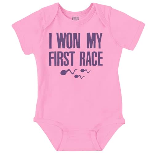 Brisco Brands Funny I Won My First Race Joke Baby Romper Boys or Girls