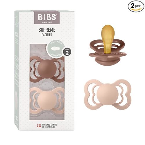 BIBS Supreme Baby Pacifier 2-Pack | Made in Denmark | BPA Free Dummy Soother, Symmetrical Nipple. Natural Rubber Latex, Size 2 (6-18 Months), Woodchuck / Blush