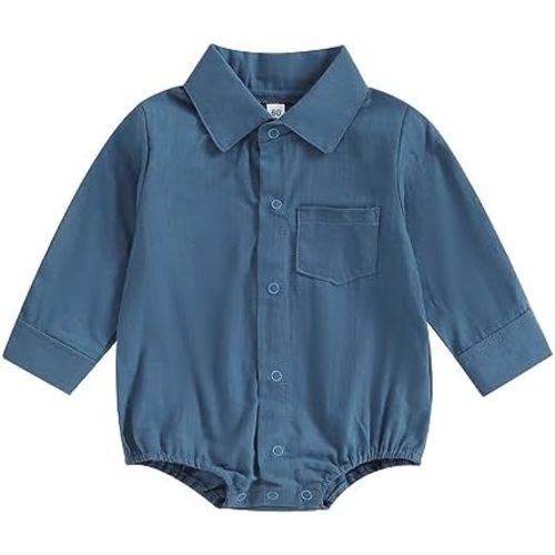 Baby Boy Button Down Shirt Newborn Solid Color Long Sleeve Romper Gentleman Lapel Bodysuit with Pocket
