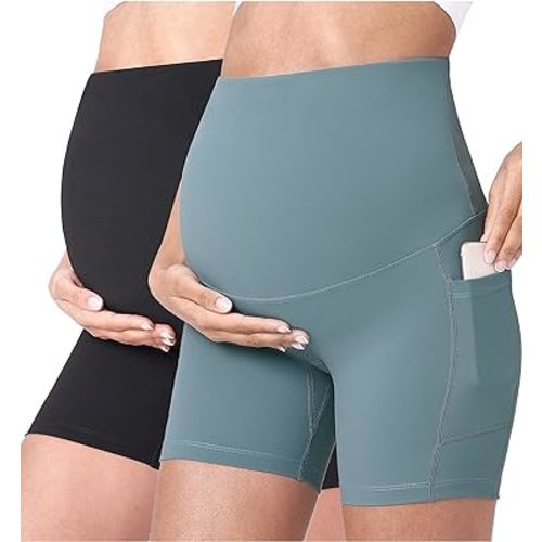 POSHDIVAH Women's Maternity Yoga Shorts Over The Belly Bump Summer Workout Running Active Short Pants with Pockets 5"/8"