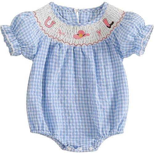 Baby Girl Smocked Western Romper Short Sleeve Bubble Rompers Summer Clothes Plaid Print Embroidery Bow Bodysuit Tops