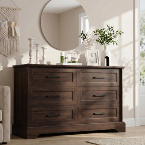 Ebern Designs 6 Drawer Wooden Dresser, Wide Storage Chest of Drawers with Smooth Slides & Metal Handles for Bedroom, Living Room | Wayfair