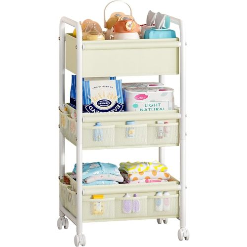 3-Tier Baby Diaper Caddy Organizer, Large Capacity Mobile Nursery Rolling Organizer with Wheels, Bedside Cart for Baby Essentials and Bottle Storage in Nursery, Bedroom, Bathroom
