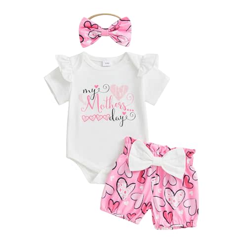 Saliuentm Infant Baby Girl Summer Clothes My First Mothers and Fathers Day Outfit Ruffled Short Sleeve Romper Shorts 3Pcs