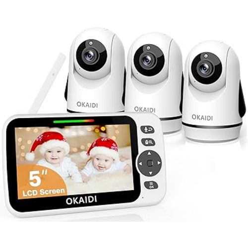 OKAIDI Video Baby Monitor with 3 Cameras, 5" Display Baby Monitor No WiFi, 30H Battery and 1000ft Range, 2-Way Talk, 8 Lullabies, Remote Pan-Tilt-Zoom Baby Camera for Baby/Pet/Elderly