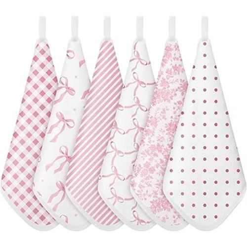 6 Pack Pink Bow Baby Washcloths for Newborn 10 x 10'' Soft Wash Cloths for Baby Girls, Absorbent Infant Face Cloths or Towels, Burp Cloth, Reusable Babies Wipes for Toddler Kids, 6 Styles