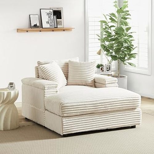 Oversized Chaise Lounge Chair Indoor with Ottoman,43.3" W Corduroy Upholstered Comfy Sofa,Modern Fluffy Couch with Deep Seat,Leisure Sleeper Sofa Chair for Living Room,Bedroom,Office(1 Seater,Beige)