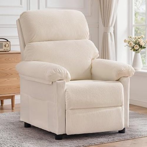 Korser Recliner Chair, Living Room Recliner Chairs for Adults, Small Recliners for Small Spaces, Manual Reading Chair with Side Pockets, Upholstered Nursery Chair for Living Room, Corduroy, Khaki