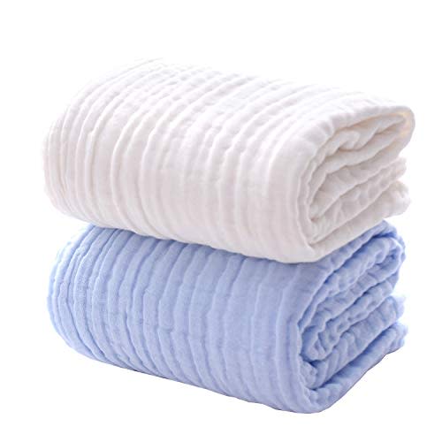 MUKIN Baby Bath Towels, Super Soft Cotton Receiving Blanket for Baby's Delicate Skin,2Pack Swaddle Blanket for Newborns Toddlers Boy Girl,Baby Registry as Shower (White+Blue)