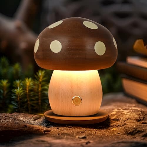 Wooden Mushroom Lamp - Rechargeable Touch Mushroom Light, Aesthetic Bedside Night Light Nature Decor Creative Gifts (Ebony + Beech)