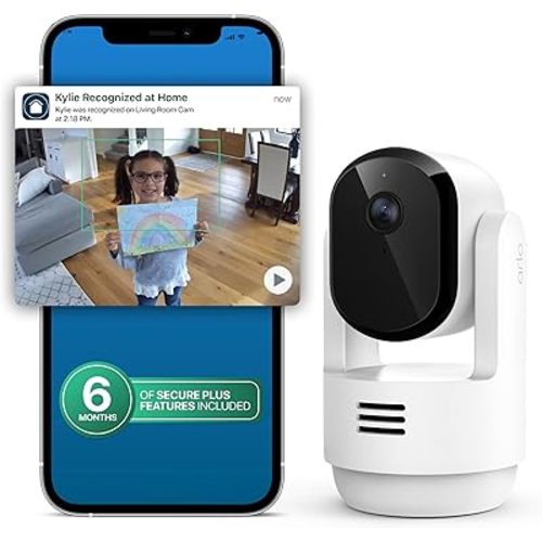 Arlo Essential Indoor Pan Tilt Security Camera 2K (2025 Release) + 6 Months of Secure Plus Plan - Wired Plug-in Power, Person Recognition, Animal Detection, Auto Motion Tracking, 1 Cam, White