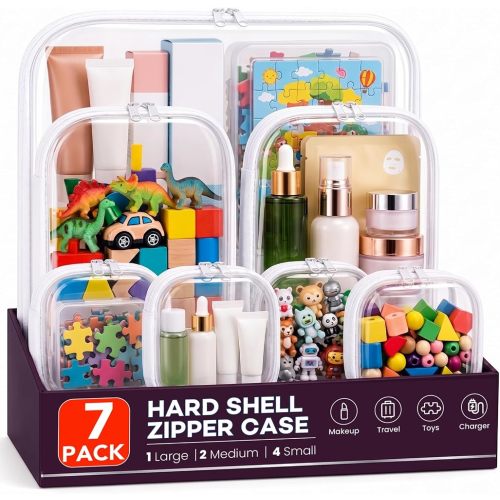 7 Pack Clear Hard Shell Zipper Case, Crush-Proof Diaper Organizer Pouches