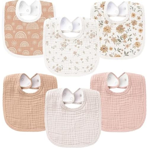 Konssy 6-Pack Muslin Baby Bibs for Boys & Girls, Soft Cotton Absorbent Bandana Drool Bibs for Drooling & Teething