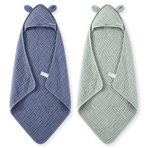 Momcozy Baby Towels, 6-Layer 100% Cotton Muslin Hooded Baby Towel Set for Newborn, Infant & Toddler, Soft Absorbent Baby Bath Essentials, Large 32 x 32 Inch