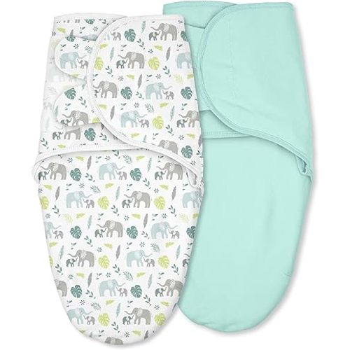 Baby Swaddles for Newborn Organic Cotton,Soft & Snug Newborn Velcro Swaddle 0-3 Months Sleep Sack Helps Calm Startle Reflex, 2-Pack Wrap Nursery Swaddling Blankets Sage Elephant
