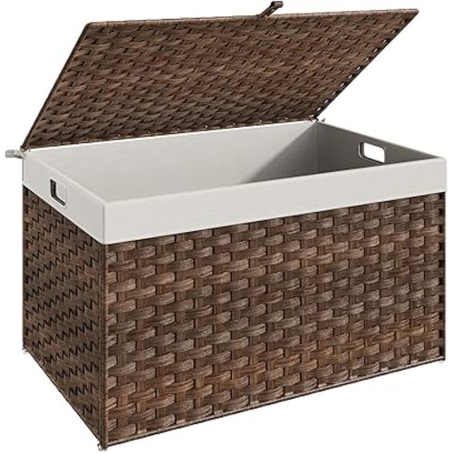 HOOBRO Storage Basket with Lid, 42.3 Gallon (160L) Wicker Basket, Handwoven Blanket Storage Basket with Handles, Metal Frame and Soft Lining, Foldable for Bedroom, Laundry Room, Brown BR216CW01