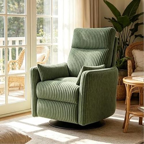 LINSY 220° Swivel Electric Power Recliner Chair, Corduroy Nursing Rocker with USB & Type-C, High Back Adult Comfort Chair with 2 Pillows, Space-Saving for Nursery, Bedroom, Living Room, Green
