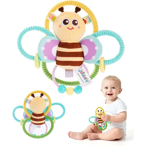 Jollybaby Soft Baby Rattles & Plush Rings Toy for Newborn 0-3-6-12 Months, Sensory Developmental Hand Teether Toys for Infant 0-2-4-7-8-9 Months, Baby Shower & Birthday Gifts - Bee