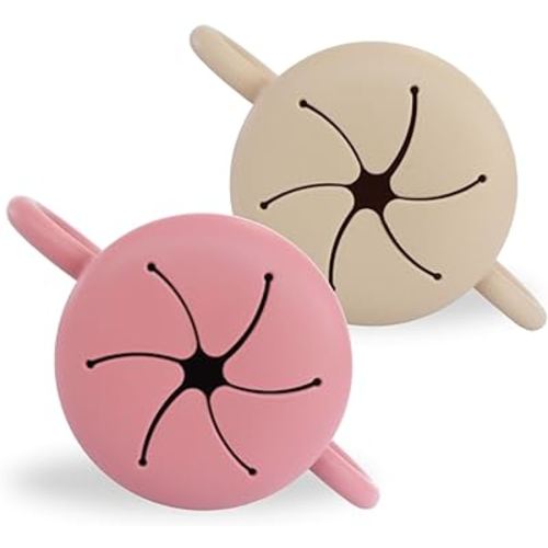 Baby Bliss 2 Pack Toddler Snack Container, Canadian Mom Owned, Snack Cups Toddler No Spill, Silicone Baby Snack Cup, Toddler Travel Essentials, Snack Containers for Kids, BPA Free (Dusty Rose/Almond)