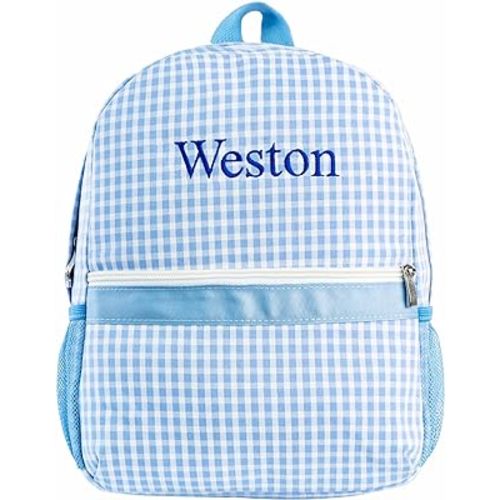 MT WORLD Kids Backpack Personalized Checkered Seersucker Backpack With Embroidered Name - Little Boys Preschool Bookbag - Custom Plaid Daycare Bookbag for Overnight School Birthday Gifts (Blue)