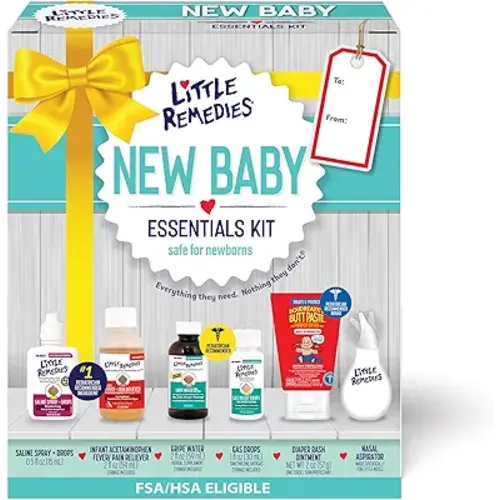 Little Remedies New Baby Essentials Kit with Saline Nasal Spray, Diaper Rash Cream, Gas Relief Drops, Gripe Water & More, Safe for Newborns