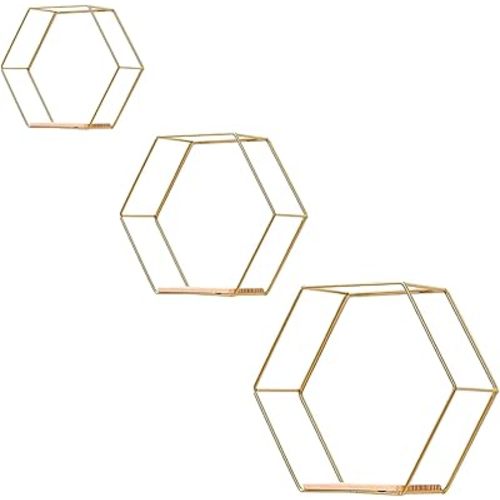 Gold Floating Wall Shelves Set of 3,Metal Hexagon Shelving Geometric Wall Mounted Design for Living Room, Bedroom, Kitchen & Office Decor, Easy Install Modern Display Shelves with Golden Finish