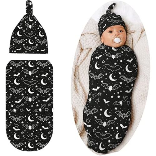 Lcokin Halloween Goth Baby Stuff Swaddle Blanket with Hat Set Bat Receiving Blanket for Boys Girls Shower Gift