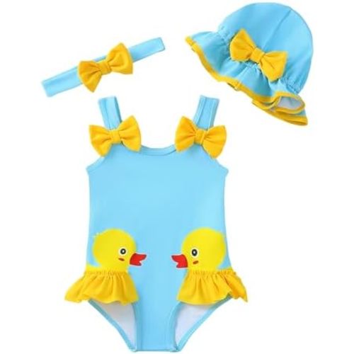 Baby Girl Swimsuit Infant One-Piece Bathing Suit Cute Summer Beach Tankini Bikini Ruffle Bow Toddler Swimwear with Hat
