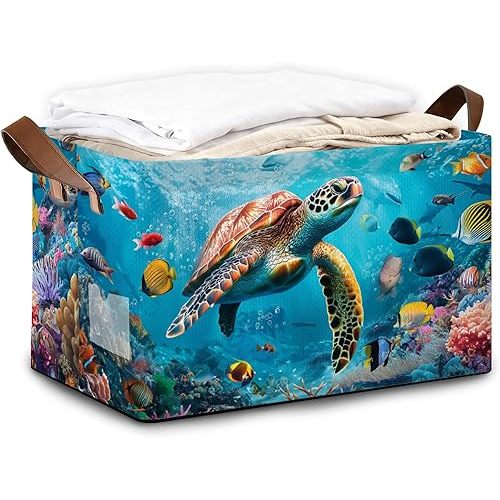 Sea Turtle Storage Bins with Handles, Collapsible Storage for Clothes, Gift Basket, Blankets & Closet Organization
