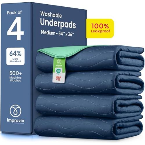 IMPROVIA® Washable Underpads, Heavy Absorbency Reusable Incontinence Pads | for Kids, Adults, Elderly, and Pets, Waterproof Protection Floor - Navy & Green, 34"x36" (Pack of 4)