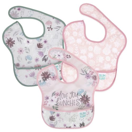Bumkins Bibs for Girl or Boy, SuperBib Baby and Toddler for 6-24 Months, Essential Must Have for Eating, Feeding, Baby Led Weaning Supplies, Mess Saving Catch Food, Fabric 3-pk Floral and Lace